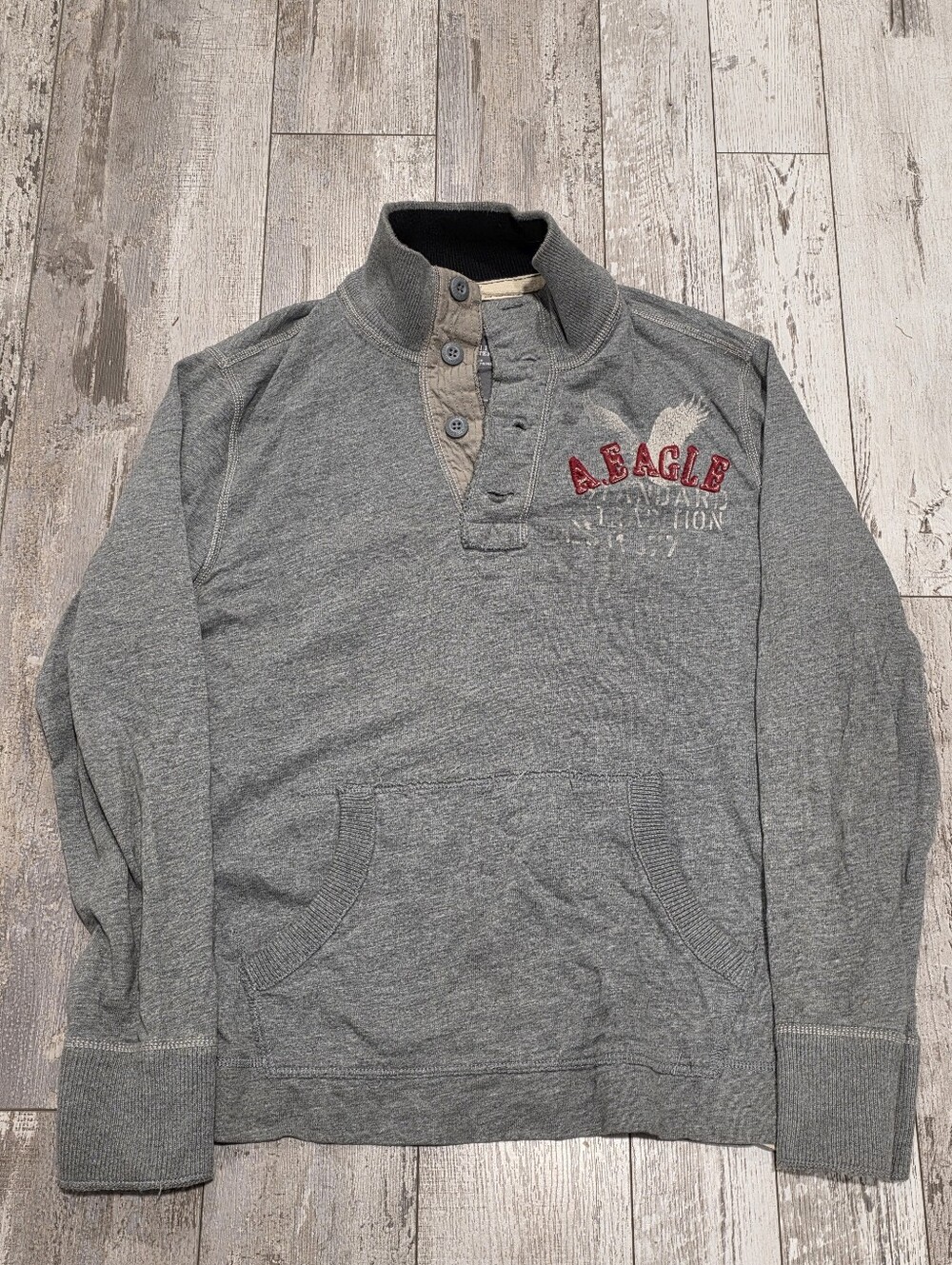 (L) Men's American Eagle Quarter Button Sweater Pullover Gray 100% Cotton Large